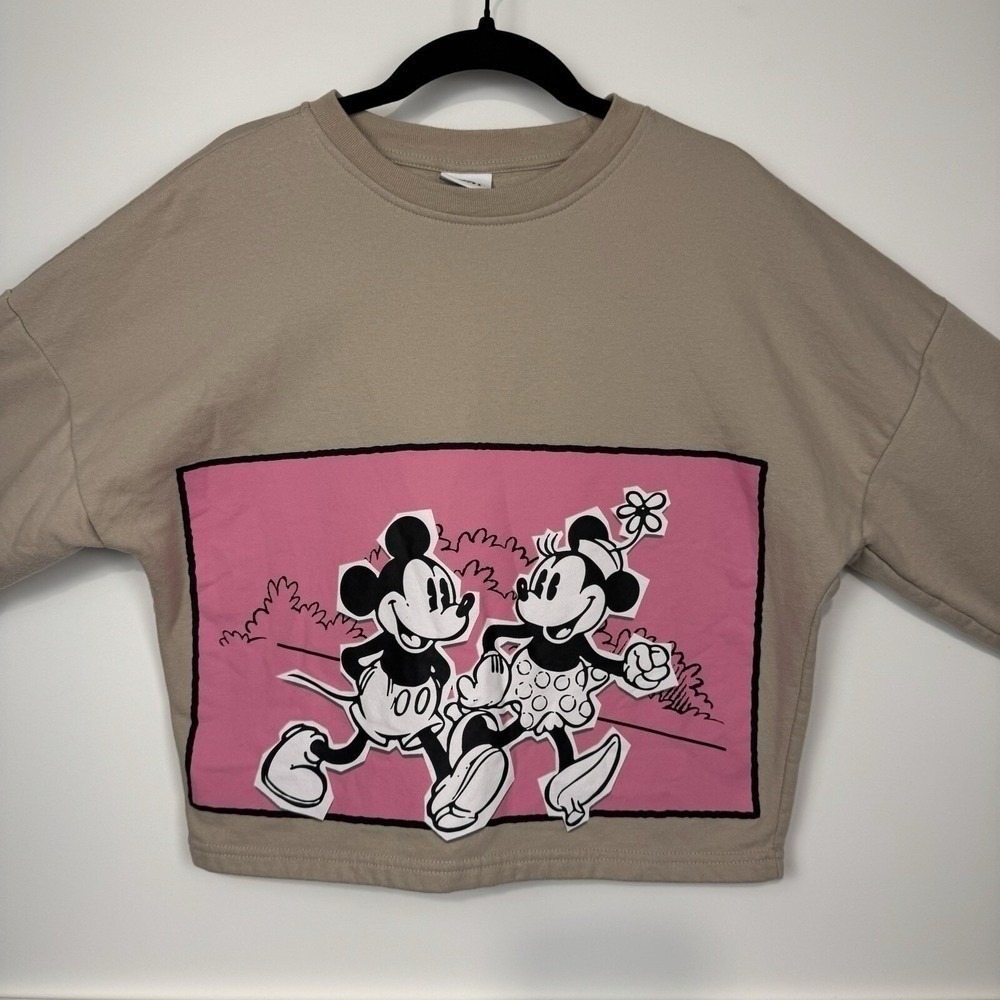 Disney Mickey & Minnie Mouse Cropped Sweatshirt Jr/Women XS Tan Pink Pullover
